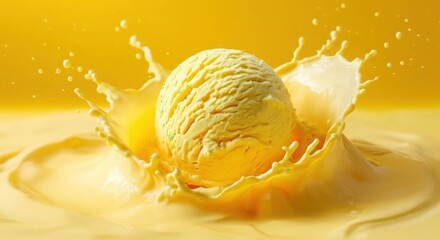 Scoop of yellow ice cream splashing into liquid