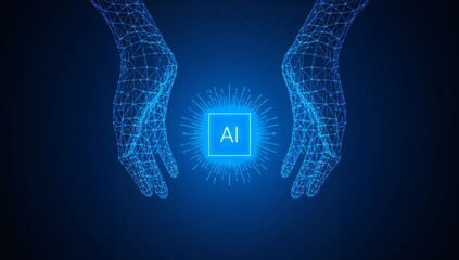 AI digital microchip with blue light and circuit design