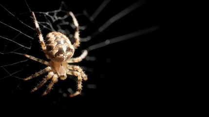 Close-up of a Spider on Its Intricate Web Against Dark Background