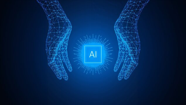 AI digital microchip with blue light and circuit design - Powered by Adobe