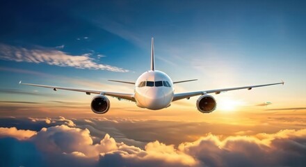 Passenger airplane flying through clouds at sunset