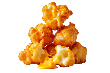 Golden crispy deep-fried cheese balls curds with melted cheese filling, isolated on white transparent background, concept of United States traditional dishes snack food