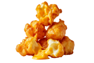 Golden crispy deep-fried cheese balls curds with melted cheese filling, isolated on white transparent background, concept of United States traditional dishes snack food