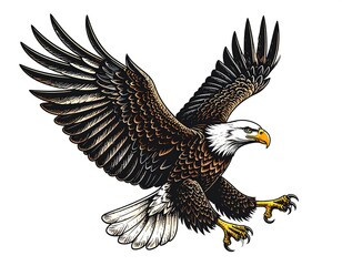 A majestic bald eagle in flight, wings spread wide, talons extended