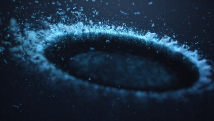 A swirling ring of luminous particles creates an ethereal, dark space design.