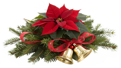 Christmas poinsettia arrangement with bells isolated on transparent background