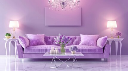 Elegant Purple Living Room Sofa with Crystal Chandelier and Soft Lighting
