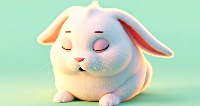 Cute fluffy white bunny rabbit yawning widely with eyes closed and zzz symbols floating above, on a pastel teal background, conveying sleepiness and exhaustion