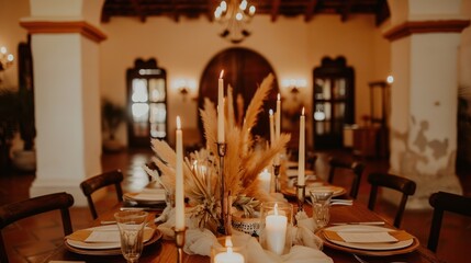 Elegant Rustic Dining Table Decor with Candles and Pampas Grass in Warm Lighting