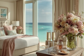 Ocean View Bedroom Suite With Floral Arrangement And Sparkling Wine