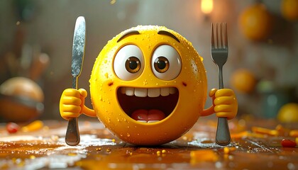 A joyful, 3D-rendered emoticon holds a fork and knife, ready for a meal
