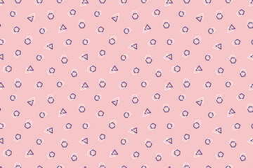 Geometric seamless abstract pattern Memphis. Polygons. Flat design in vector, pink, blue and white colors. For wallpaper, textile, packaging, background or website.