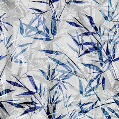 Seamless blue and gray tropical pattern with bamboo branches.