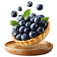 New England blueberry pie topped with fresh berries and mint leaves, isolated on white transparent background, concept of American dessert