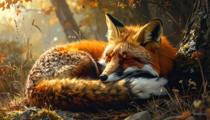 Fototapeta premium A serene red fox rests peacefully amongst autumnal foliage, bathed in golden sunlight.