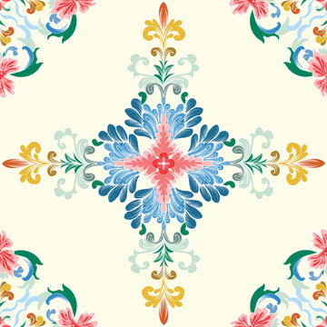 Seamless Geometric Floral Tile Pattern. Modern, stylized flower design with vintage colors and precise lines. Perfect for textiles, digital paper, and contemporary branding.