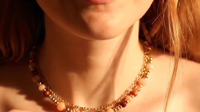 Close Up of a Woman Putting On a Beautiful Beaded Necklace.