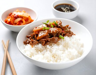 A bowl of rice topped with savory beef and pickled vegetables, served alongside kimchi and a dipping sauce