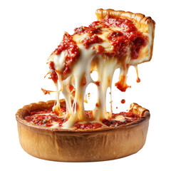 Thick crust deep dish Chicago pizza with cheese and tomato sauce on wooden board isolated on white transparent background, concept of United States traditional street food