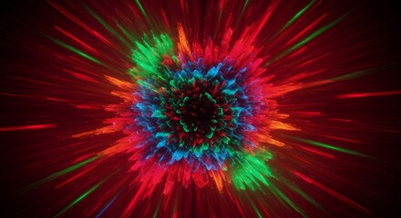 Fototapeta premium Abstract explosion of colorful fractal particles. Energetic burst of light. Vibrant cosmic chaos visualization for creative design.