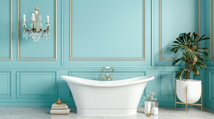 Elegant Vintage Style Bathroom with Free Standing Bathtub and Ornamental Chandelier in Turquoise Room