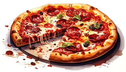 A pepperoni pizza with a slice removed, showing melted cheese and sauce