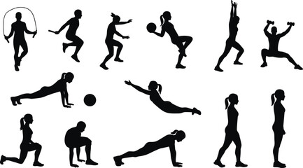Fitness workout silhouettes of women exercising, jumping rope, push ups, squats, lunges, stretching, strength training, vector illustration healthy lifestyle