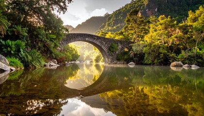 A serene stone arch bridge over a tranquil river, reflected in the calm water. Lush greenery surrounds the scene, bathed in golden sunlight