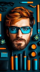 A stylish man with vibrant orange hair and cool blue glasses, surrounded by art supplies and grooming accessories, exudes modern sophistication and creative flair