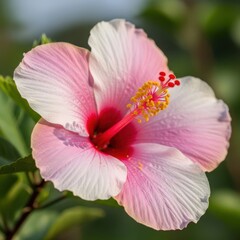 Soft pink hibiscus flower with delicate petals and stamen in lush greenery