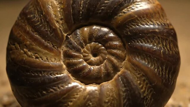 Close-up of a brown snail shell with intricate spiral patterns and textures.