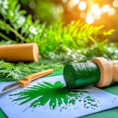 Close-up of a wooden stamp with green ink on white paper, surrounded by lush green foliage and a blurred background with bokeh lights, suggesting a crafting or artistic activity