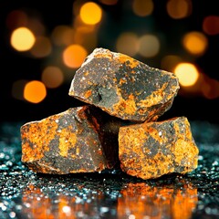 Close-up of rough textured dark rocks with yellow-orange oxidation, arranged on a reflective surface with bokeh background