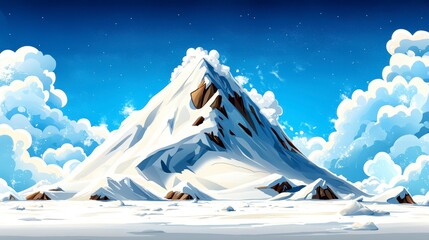 Epic winter landscape with a colossal snow mountain under a bright blue sky, an artistic concept of solitude and the raw power of nature in a stylized illustration