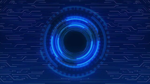 High-tech animation glowing blue digital round HUD fused with circuit patterns. for technology backgrounds, sci-fi interfaces, data visualization, cyber designs, and futuristic network presentations.