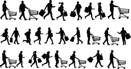 Vector silhouette illustration of people walking with shopping bags and pushing carts, retail customers, supermarket scene, urban lifestyle, commerce design