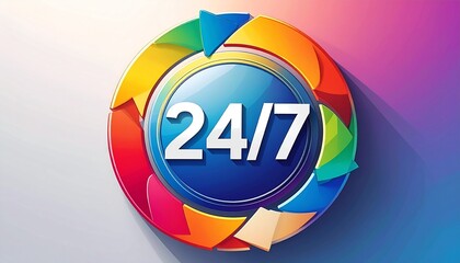 Vibrant 24/7 service icon with colorful arrows in a continuous circular loop symbolizing constant availability and support.