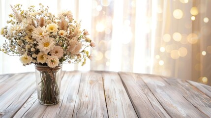 Elegant White Flower Bouquet in Glass Vase on Wooden Table with Soft Bokeh Background
