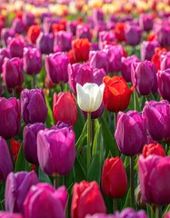 Fototapeta premium Vibrant Tulip Field with a Single White Tulip.