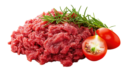 Raw Beef Mince with Tomatoes and Rosemary isolated on a transparent background