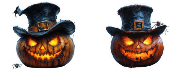 Two jackolanterns with hats, isolated on transparent background, offer a spooky and festive halloween decoration, perfect for creating a scary atmosphere