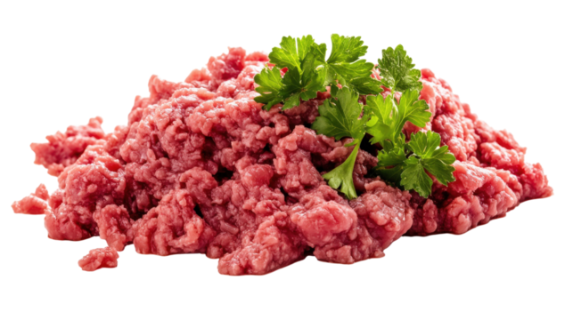 Raw Ground Beef Mince with Parsley isolated on a transparent background