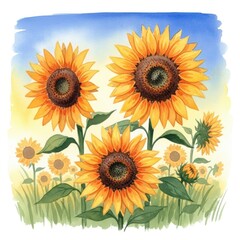 Obraz premium Vibrant watercolor painting of a field of sunflowers under a blue sky