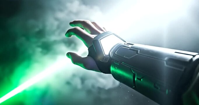 A futuristic hand wearing a cybernetic glove emits a green energy beam into a smoky, dramatic atmosphere with bright light in the background