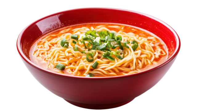 Red bowl of ramen noodles with scallions isolated on a transparent background
