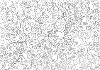 Background is filled with doodle ornament. Drawn with pencil. Different shades of gray, sometimes lighter. White background. Pattern consists of circles, spirals, lines. Different sizes. Freehand.