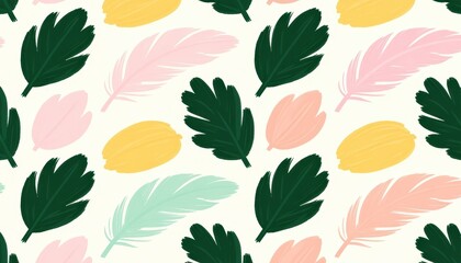 Obraz premium Tropical Leaves and Feathers Seamless Pattern Floral Background