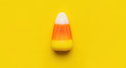 Fototapeta premium Delicious candy corn treat on vibrant yellow backdrop, perfect for Halloween