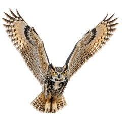 Fototapeta premium Majestic great horned owl soaring with wings spread wide against a clean white backdrop