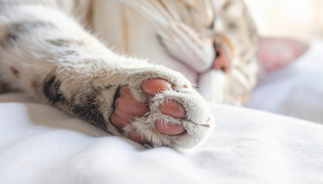 Close-up of a soft, light gray and white cat's paw resting on a white surface, showcasing delicate pink paw pads. - Powered by Adobe